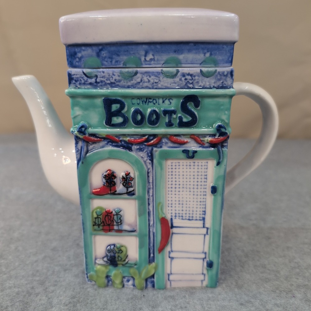 Cowfolks Boots Tex-Mexβ Grill Novelty Teapot Shop Building Collectible